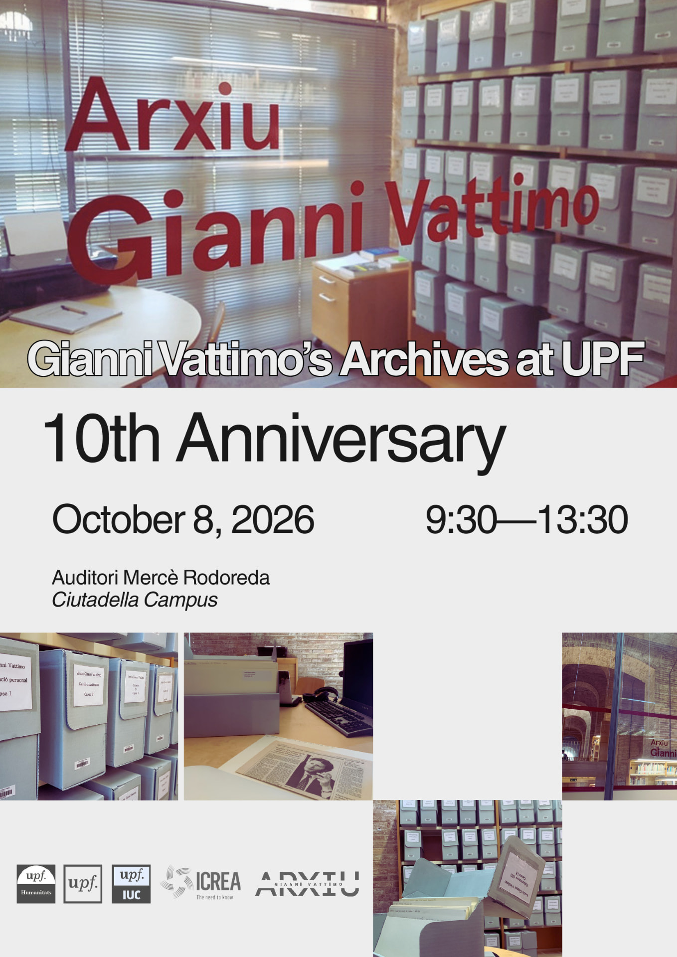 Poster for the 10th anniversary of Gianni Vattimo's Archives at UPF, showing the Arxiu Gianni Vattimo reading room and its archival boxes